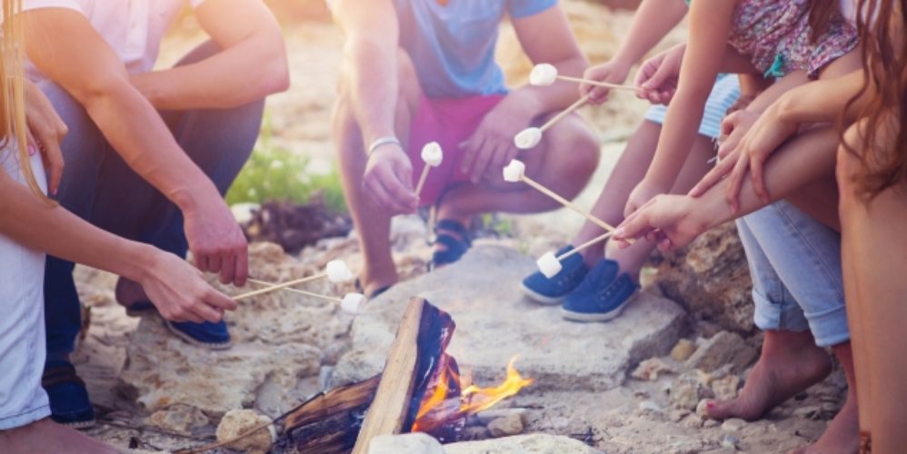 Mehrere Personen an einem Lagerfeuer mit Marshmallows.
