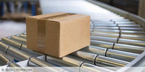 Ein verpackter Karton rollt auf einem Band.