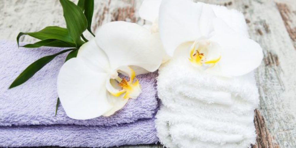 Zwei lila und zwei weiße Handtücher liegen auf einer Bank, darauf liegen zwei Orchideen.