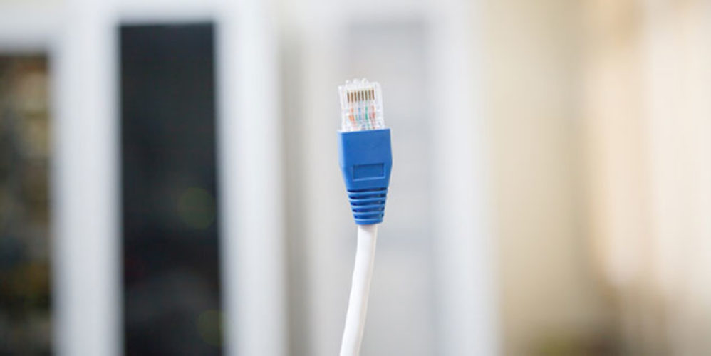 Weiß-blauer Netzwerkkabel wird nach oben gehalten.