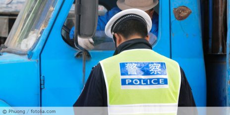 Polizist kontrolliert ein Auto.