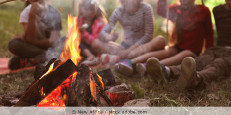 Kinder grillen Marshmallows am Lagerfeuer