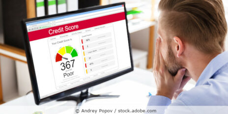 Mann schaut auf einen Computerbildschirm. auf dem eine Credit Score Auskunft zu sehen ist.