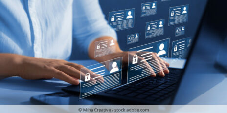 Personaldaten werden am Laptop aufgerufen. Person managing employee information on their laptop.