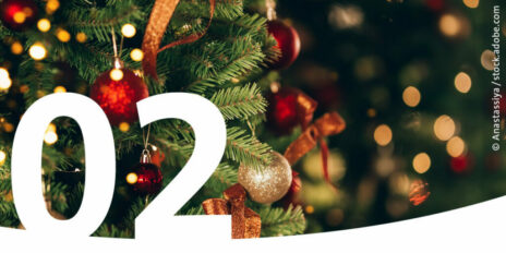 Ein geschmückter Weihnachtsbaum als Bild für den 2. Dezember im Adventskalender.