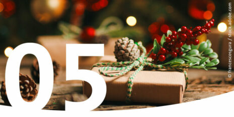 Ein eingepacktes Weihnachtsgeschenk als Bild für den 5. Dezember im Adventskalender.