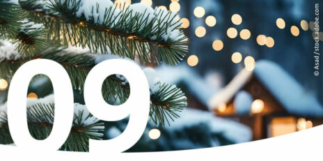 Schneebedeckte Tannenzweige mit kleinen beleuchteten Hütten im Hintergrund als Bild für den 9. Dezember im Adventskalender.