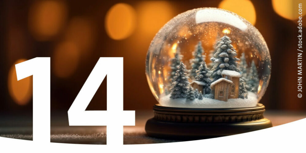 Eine Schneekugel mit einer winterlichen Landschaft aus Tannen und kleinen Hütten als Bild für den 14. Dezember im Adventskalender.