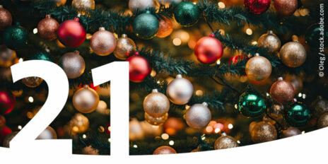 Weihnachtskugeln, Lichter und Tannenzweige als Bild für den 21. Dezember im Adventskalender.