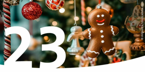 Weihnachtsschmuck hängt an einem Weihnachtsbaum als Bild für den 23. Dezember im Adventskalender.