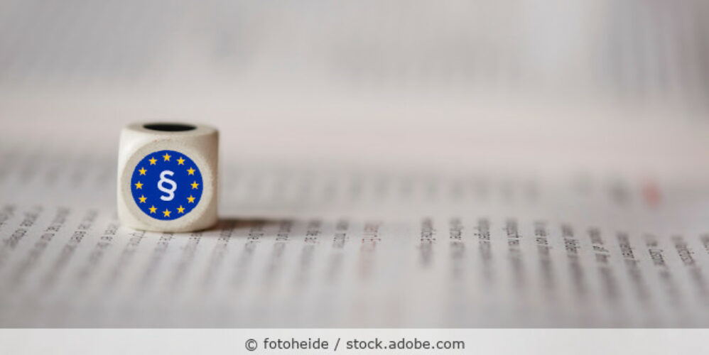 Holzwürfe mit einem Paragrafenzeichen umrandet von Sternen auf blauem Grund liegt auf einem Gesetzestext.