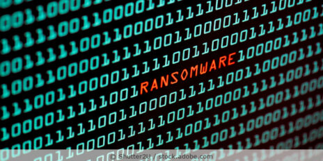 Ausschnitt von einem Desktop, auf dem Reihen aus Einsen und Nullen zu sehen sind und dazwischen in roter Schrift das Wort Ransomware.