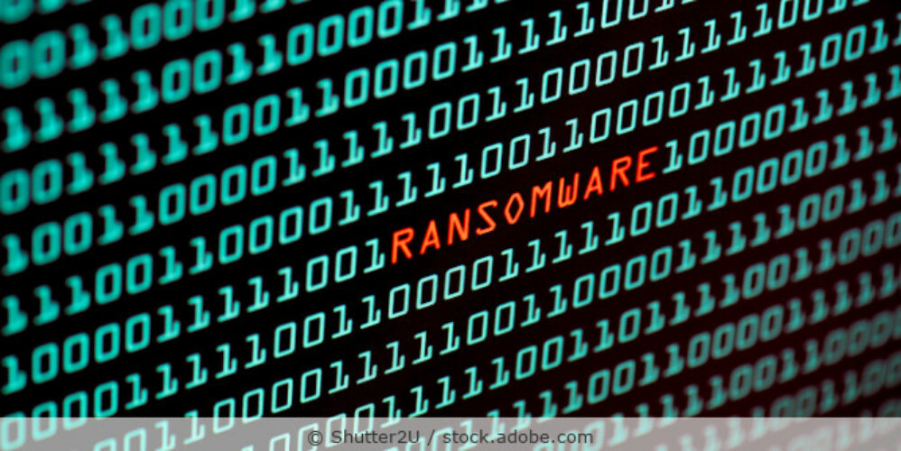 Ausschnitt von einem Desktop, auf dem Reihen aus Einsen und Nullen zu sehen sind und dazwischen in roter Schrift das Wort Ransomware.