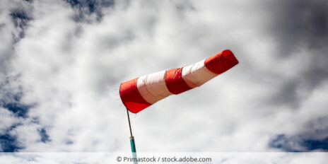 Windfahne bei stärkerem Wind vor bewölktem Himmel.