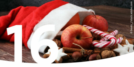 Weihnachtsmannmütze gefüllt mit Zuckerstangen, Äpfel und Nüssen und im Vordergrund die Zahl 16.