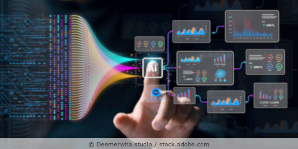 Illustration mit Datenströmen, die durch eine KI-Anwendung fließen und zu verschiedenen Auswertungen führen.