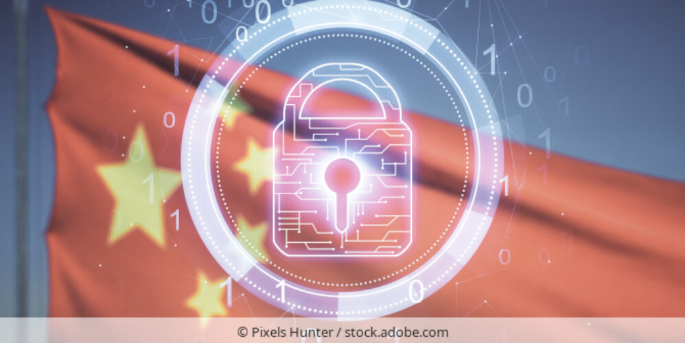 Chinese Flag with a hologram of a lock symbolizing data protection.