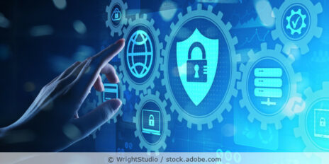 Illustration mit Zahnrädern und verschiedenen Symbolen zur Cybersicherheit.