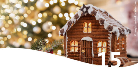 Ein Lebkuchenhaus im Hintergrund ein Weihnachtsbaum im Vordergrund die Zahl 15