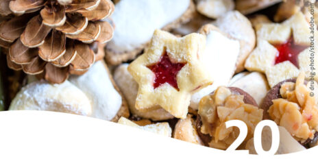 Weihnachtskekse und Tannenzapfen im Vordergrund die Zahl 20
