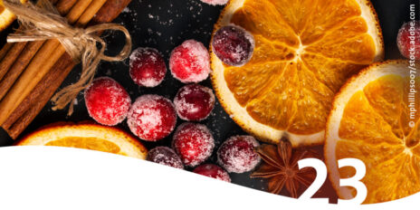 Nahaufnahme Cranberries und getrocknete Orangenscheiben im Vordergrund die Zahl 23