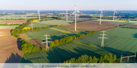 Blick auf Windräder und Strommasten, die auf Feldern stehen.