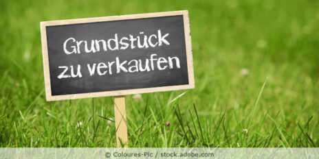 Ein Schild mit der Aufschrift Grundstück zu verkaufen steht auf einer Wiese.
