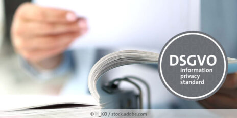Eine Hand nimmt ein Dokument aus einem aufgeschlagenen Ordner, im Vordergrund ist das „DSGVO – information privacy standard“-Siegel