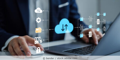 Illustration zum Informationsaustausch über eine Cloud, Person mit Laptop im Hintergrund.