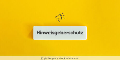 Das Wort Hinweisgeber mit dem Symbol Pfeife auf gelbem Hintergrund.