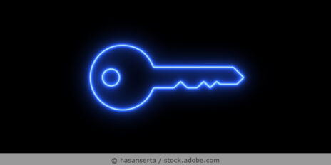Outline-Icon für einen Schlüssel in Neonblau auf schwarzem Hintergrund.