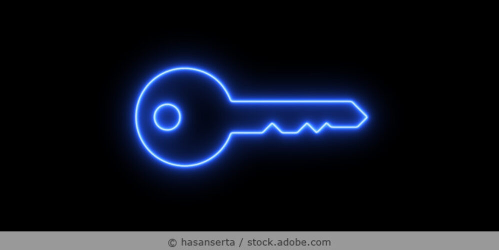 Outline-Icon für einen Schlüssel in Neonblau auf schwarzem Hintergrund.