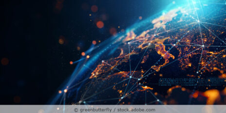 Eine dynamische digitale Weltkarte, die den europäischen Kontinent in den Vordergrund rückt, für KI-gestützte globale Netzwerkkonnektivität, Big-Data-Übertragung, Cybertechnologie und Netzwerkinformationen