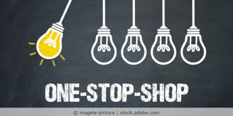 Illustration mit einer Glühbirne, die andere anstößt, und dem Wort One-Stop-Shop.